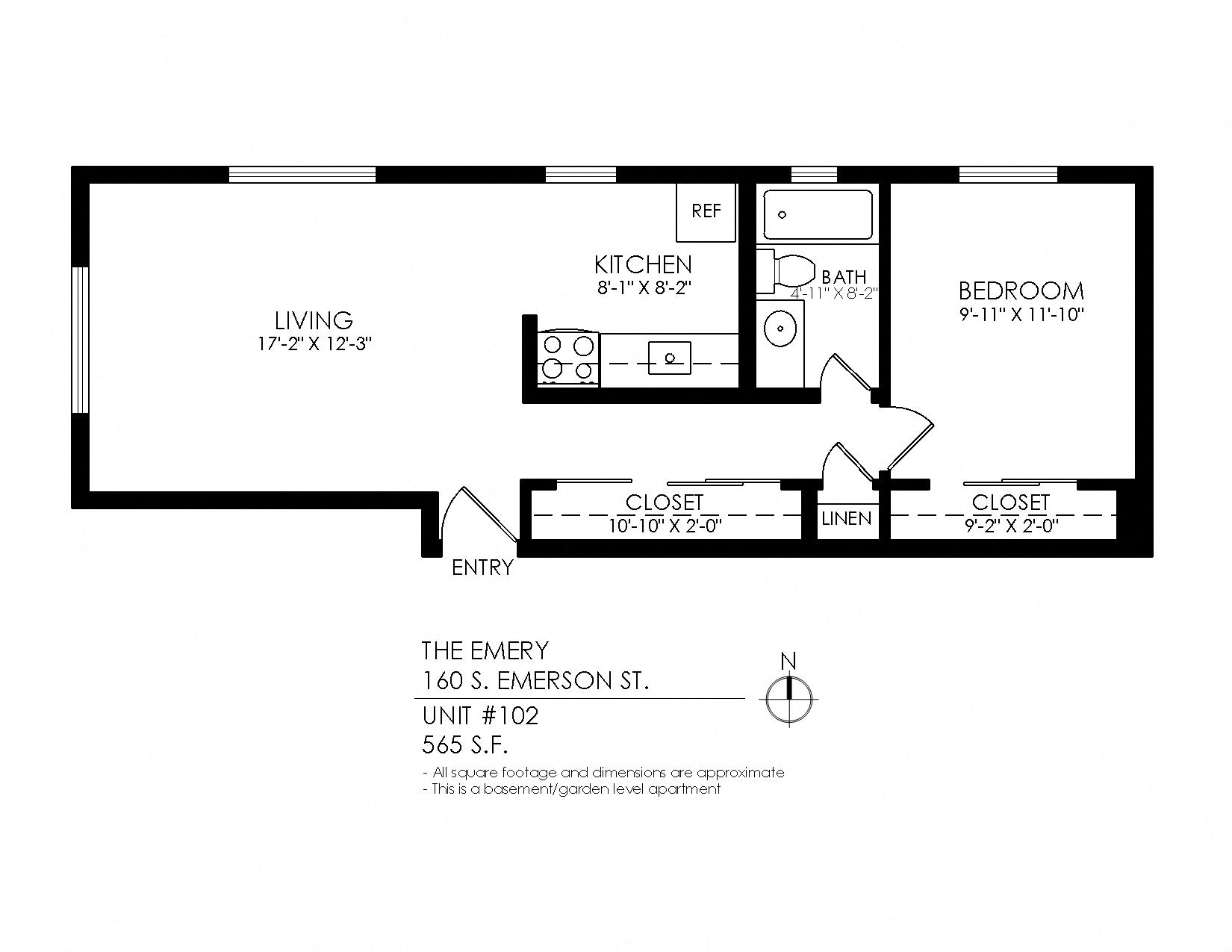 Floor plan for 1 bed, 1 bath, 575 sqft